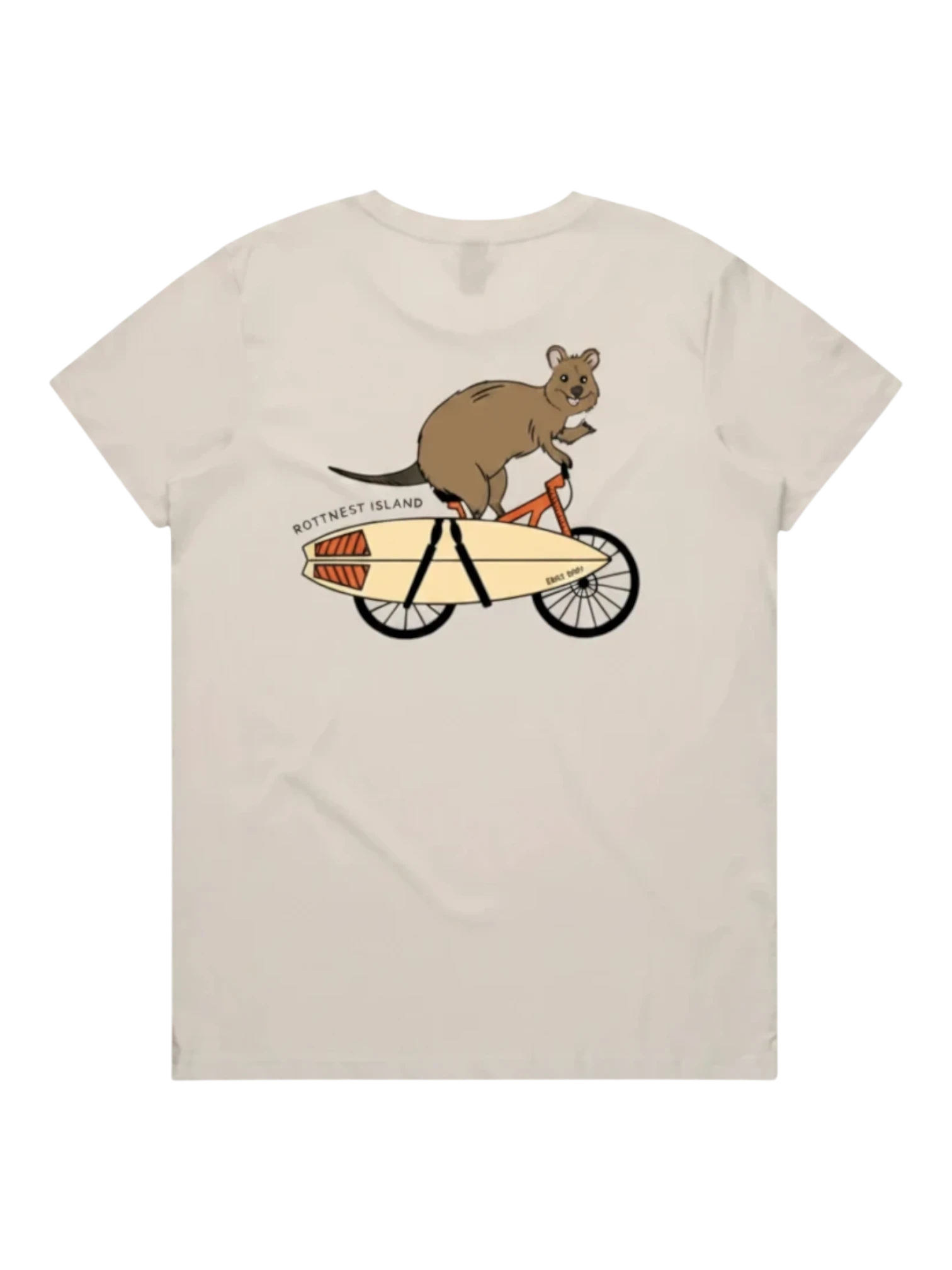 Early Bird Co womens cream t-shirt featuring a graphic of a quokka riding a bicycle with a surfboard on the back.