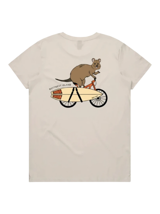 Early Bird Co womens cream t-shirt featuring a graphic of a quokka riding a bicycle with a surfboard on the back.